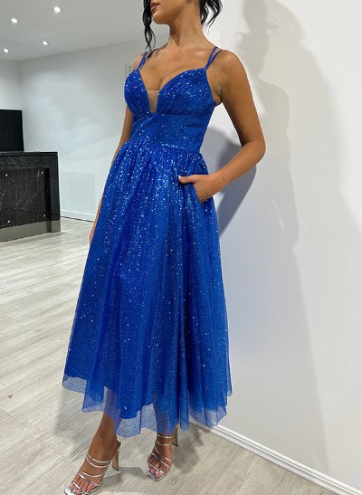 A-Line V-Neck Sleeveless Tea-Length Sequined Prom Dresses