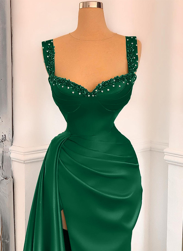 Sheath/Column Square Neckline Sleeveless Satin Prom Dresses With Rhinestone