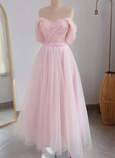 A-Line Off-The-Shoulder Sleeveless Tulle Prom Dresses With Beading