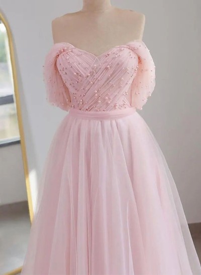 A-Line Off-The-Shoulder Sleeveless Tulle Prom Dresses With Beading