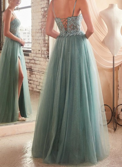 A-Line Sweetheart Sleeveless Tulle Prom Dresses With High Split