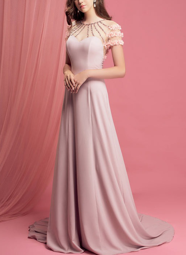 A-Line Illusion Neck Short Sleeves Chiffon Prom Dresses With Beading