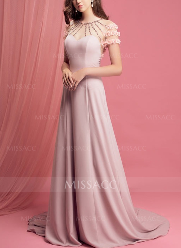 A-Line Illusion Neck Short Sleeves Chiffon Prom Dresses With Beading