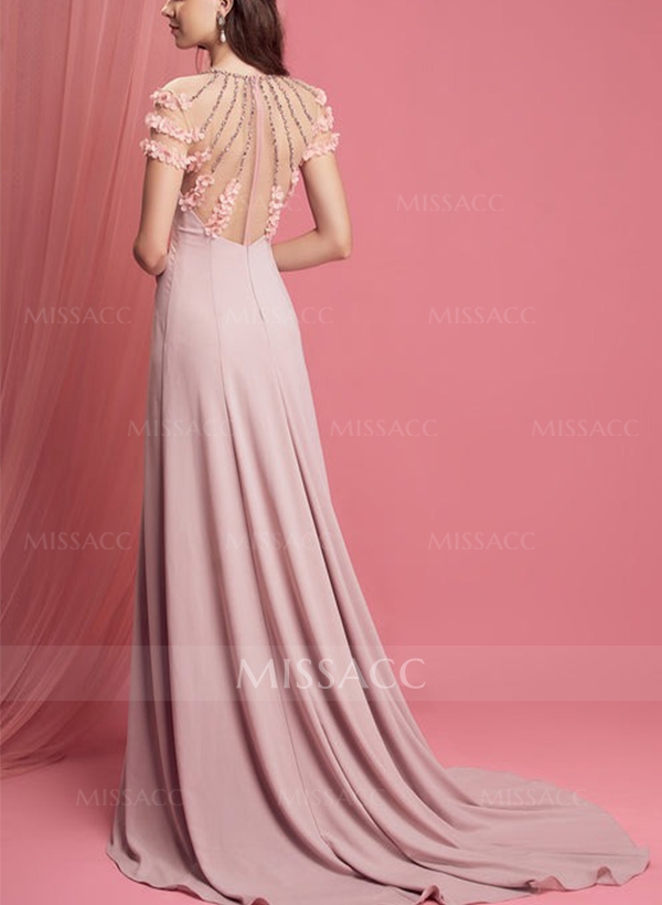 A-Line Illusion Neck Short Sleeves Chiffon Prom Dresses With Beading