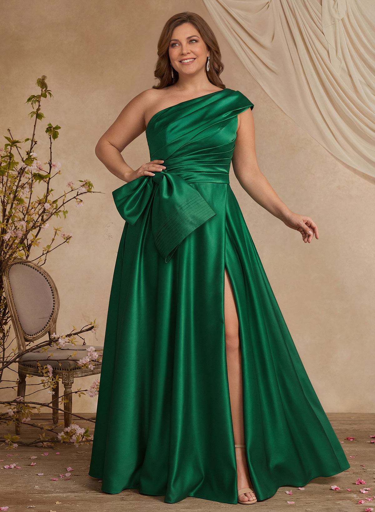 A-Line One-Shoulder Sleeveless Satin Prom Dresses With High Split