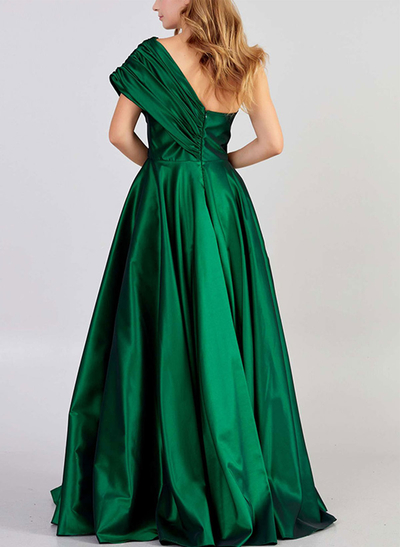 A-Line One-Shoulder Sleeveless Satin Prom Dresses With High Split