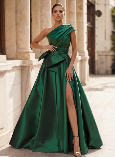 A-Line One-Shoulder Sleeveless Satin Prom Dresses With High Split