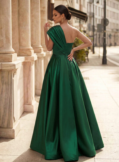 A-Line One-Shoulder Sleeveless Satin Prom Dresses With High Split