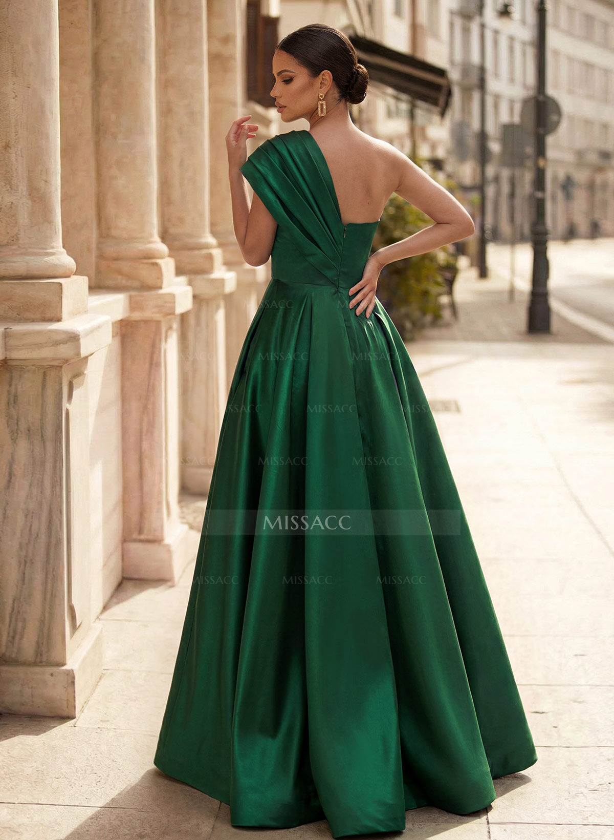 A-Line One-Shoulder Sleeveless Satin Prom Dresses With High Split