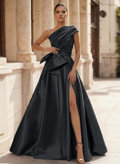 A-Line One-Shoulder Sleeveless Satin Prom Dresses With High Split