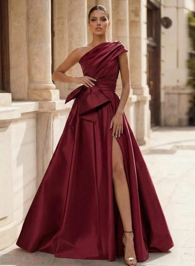 A-Line One-Shoulder Sleeveless Satin Prom Dresses With High Split