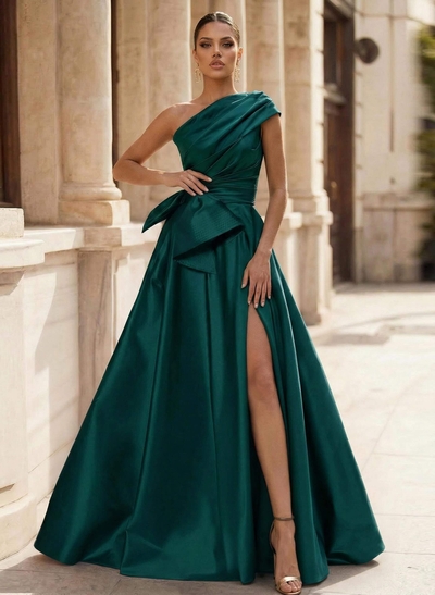 A-Line One-Shoulder Sleeveless Satin Prom Dresses With High Split