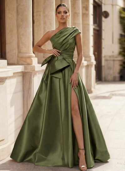 A-Line One-Shoulder Sleeveless Floor-Length Satin Evening Dresses With High Split