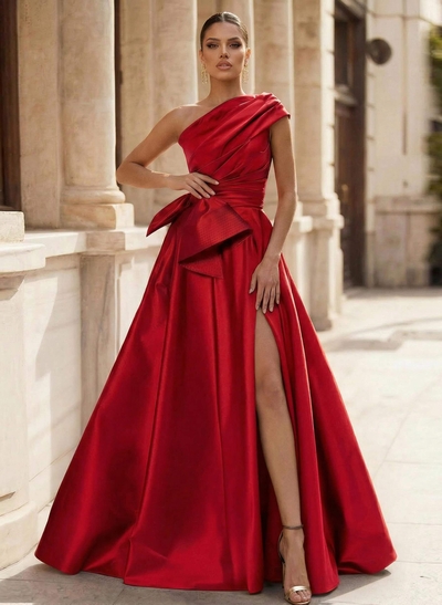 A-Line One-Shoulder Sleeveless Satin Prom Dresses With High Split