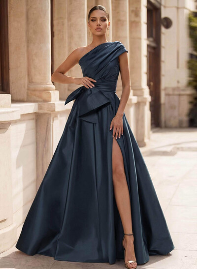 A-Line One-Shoulder Sleeveless Satin Prom Dresses With High Split