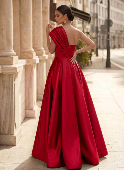 A-Line One-Shoulder Sleeveless Satin Prom Dresses With High Split