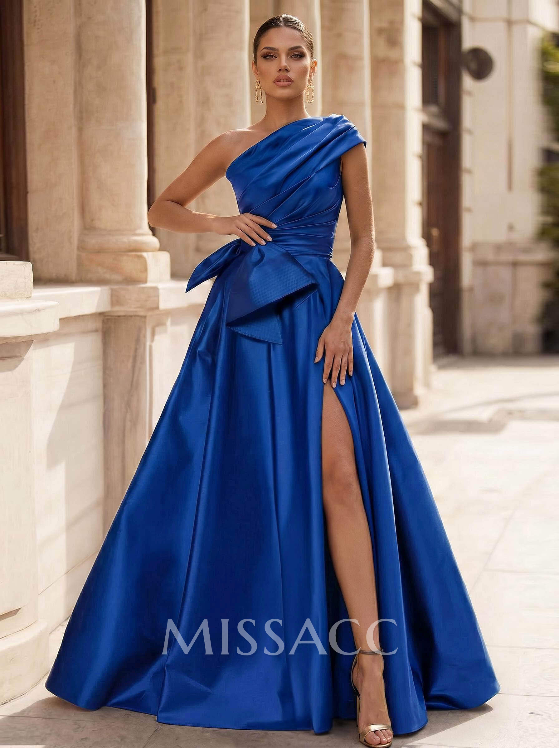 A-Line One-Shoulder Sleeveless Satin Prom Dresses With High Split
