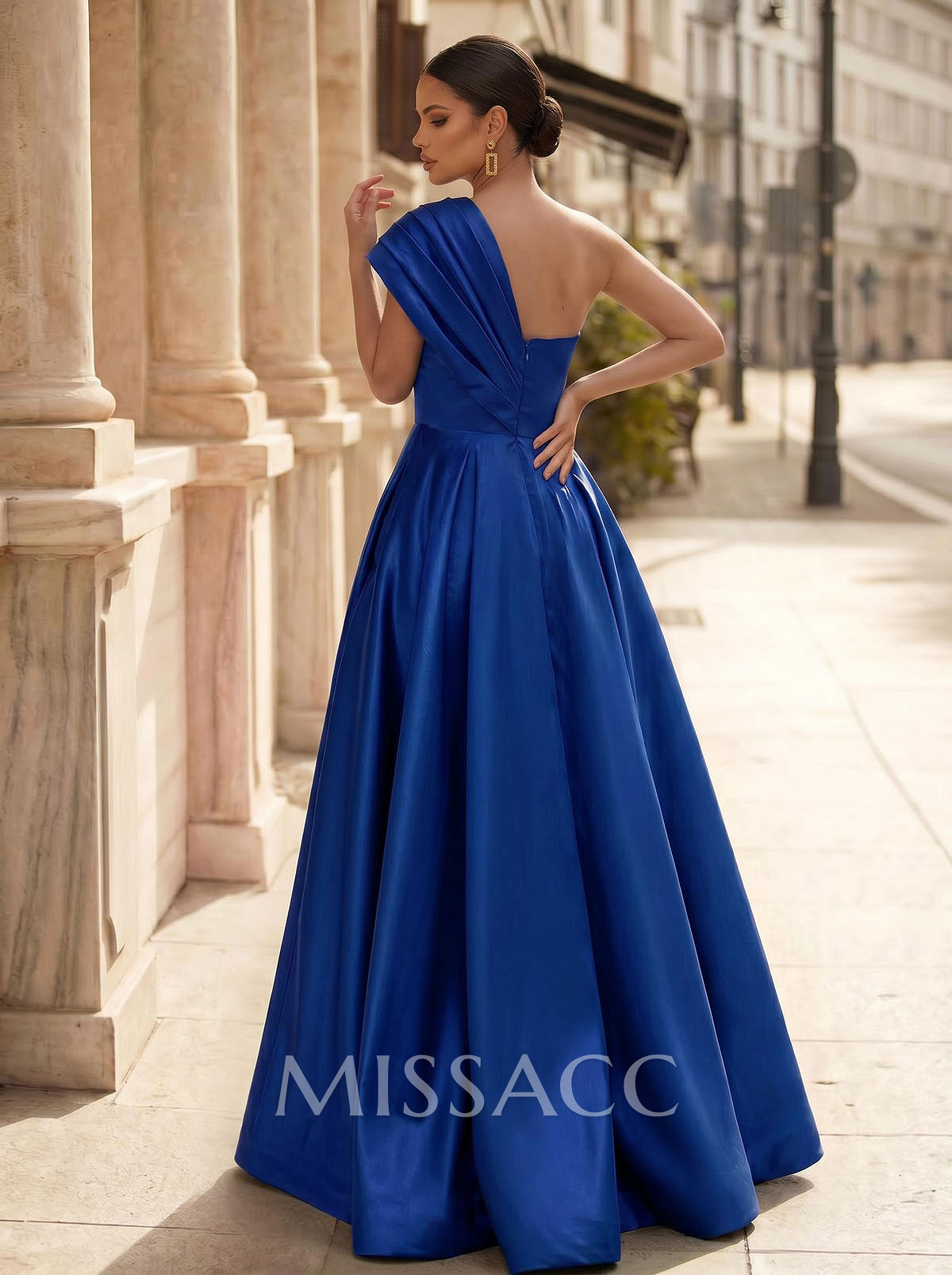 A-Line One-Shoulder Sleeveless Satin Prom Dresses With High Split