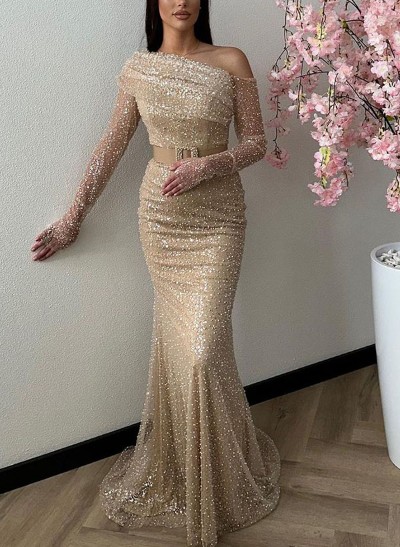 Trumpet/Mermaid Asymmetrical Long Sleeves Sequined Prom Dresses