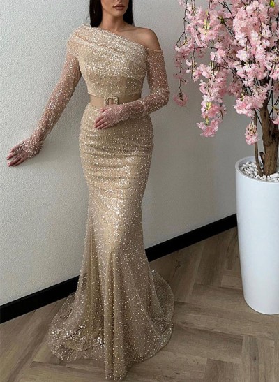 Trumpet/Mermaid Asymmetrical Long Sleeves Sequined Prom Dresses