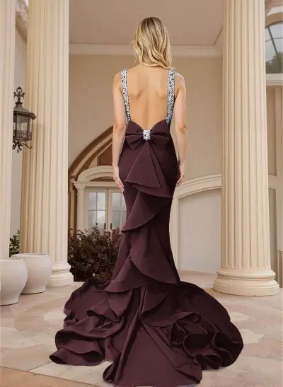 Missacc Dark Green Prom Dresses Trumpet/Mermaid Scoop Neck Sleeveless Elastic Satin Prom Dresses with Bow(s)