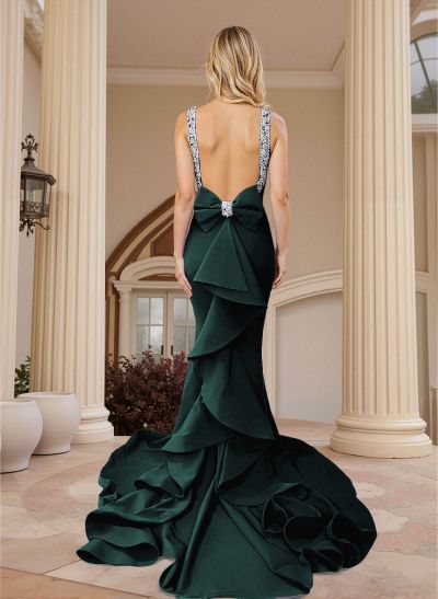 Trumpet/Mermaid Scoop Neck Sleeveless Elastic Satin Prom Dresses With Bow(s)
