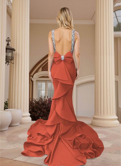 Trumpet/Mermaid Scoop Neck Sleeveless Elastic Satin Prom Dresses With Bow(s)