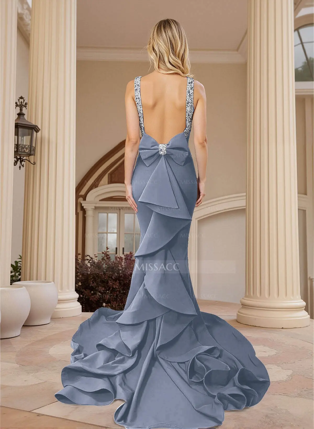 chinese dress ladies Zapaka Women Long Prom Dress Mermaid Sage Spaghetti Straps Lace-Up Back Party Dress with Slit, Sage / US10 main image 1