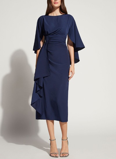 A-Line Scoop Neck 3/4 Sleeves Tea-Length Silk Like Satin Cocktail Dresses With Ruffle