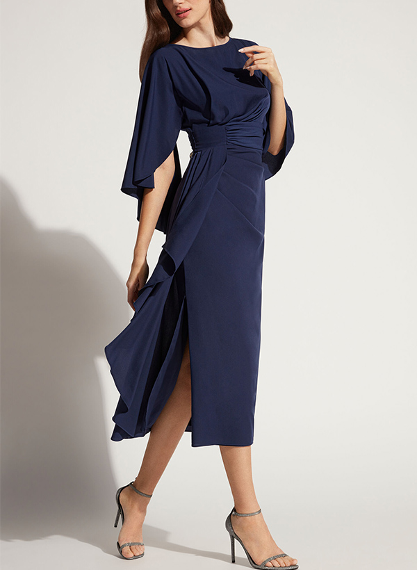 A-Line Scoop Neck 3/4 Sleeves Tea-Length Silk Like Satin Cocktail Dresses With Ruffle