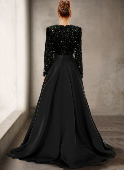 Sparkly Long Sleeves Deep-V A-Line Prom Dresses With Satin Slit