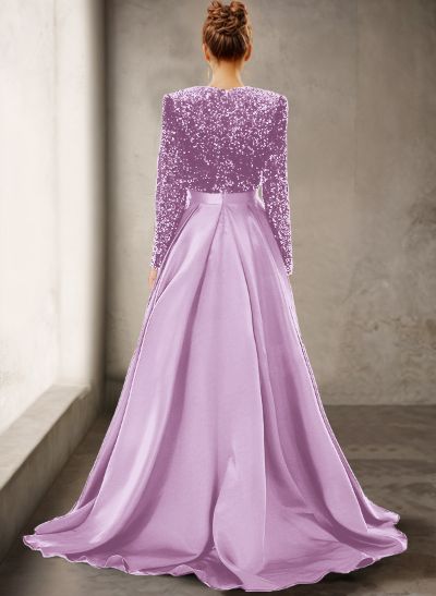 Sparkly Long Sleeves Deep-V A-Line Prom Dresses With Satin Slit