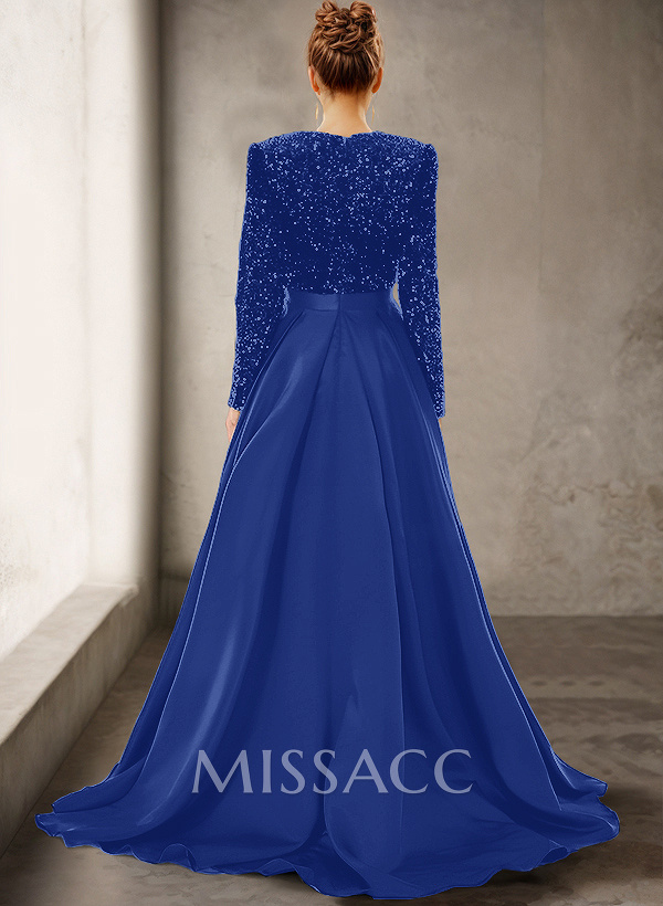 Sparkly Long Sleeves Deep-V A-Line Prom Dresses With Satin Slit Sparkly Long Sleeves Deep-V A-Line Prom Dresses With Satin Slit