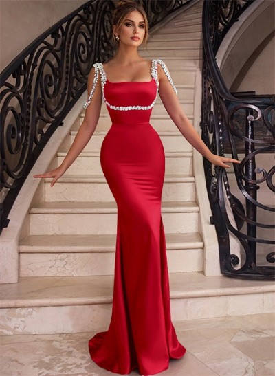 Trumpet/Mermaid Square Neckline Sleeveless Satin Prom Dresses With Beading