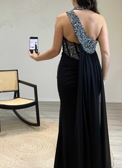 Sparkly Beading High Neck Prom Dresses With Open Back