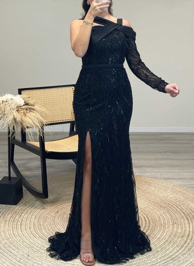 Asymmetrical Neck Sparkly Long Sleeves Prom Dresses