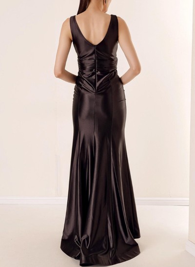 Trumpet/Mermaid V-Neck Silk Like Satin Prom Dresses With Cascading Ruffles