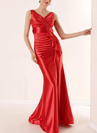 Trumpet/Mermaid V-Neck Silk Like Satin Prom Dresses With Cascading Ruffles