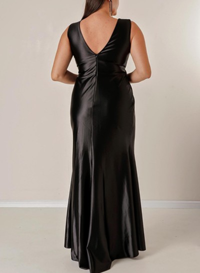 Sheath/Column V-Neck Sleeveless Silk Like Satin Prom Dresses With Beading