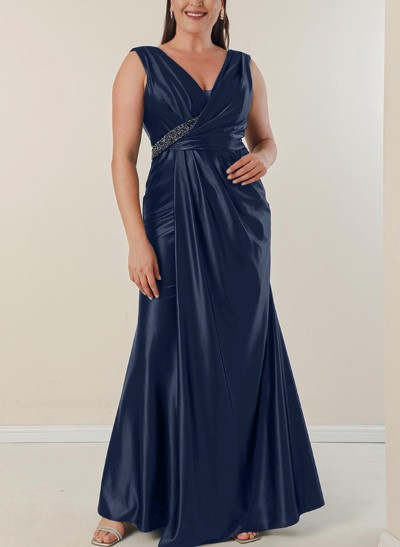 Sheath/Column V-Neck Sleeveless Silk Like Satin Prom Dresses With Beading