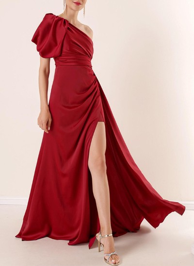 Sheath/Column One-Shoulder Silk Like Satin Prom Dresses With High Split