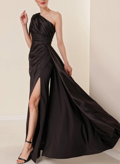 Sheath/Column One-Shoulder Silk Like Satin Prom Dresses With High Split