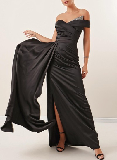 Sheath/Column Off-The-Shoulder Silk Like Satin Prom Dresses With Split Front