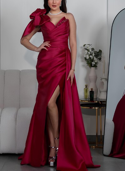 A-Line One-Shoulder Sleeveless Satin Evening Dresses With High Split