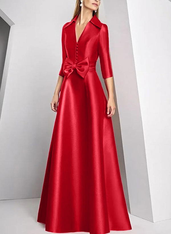 A-Line V-Neck 3/4 Sleeves Floor-Length Satin Mother Of The Bride Dresses With Bow(s)