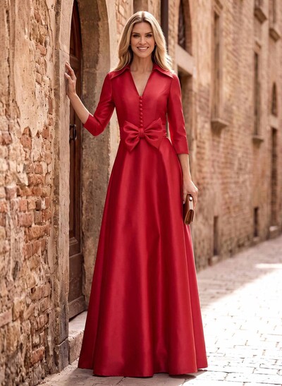 A-Line V-Neck 3/4 Sleeves Floor-Length Satin Prom Dresses With Bow(s)