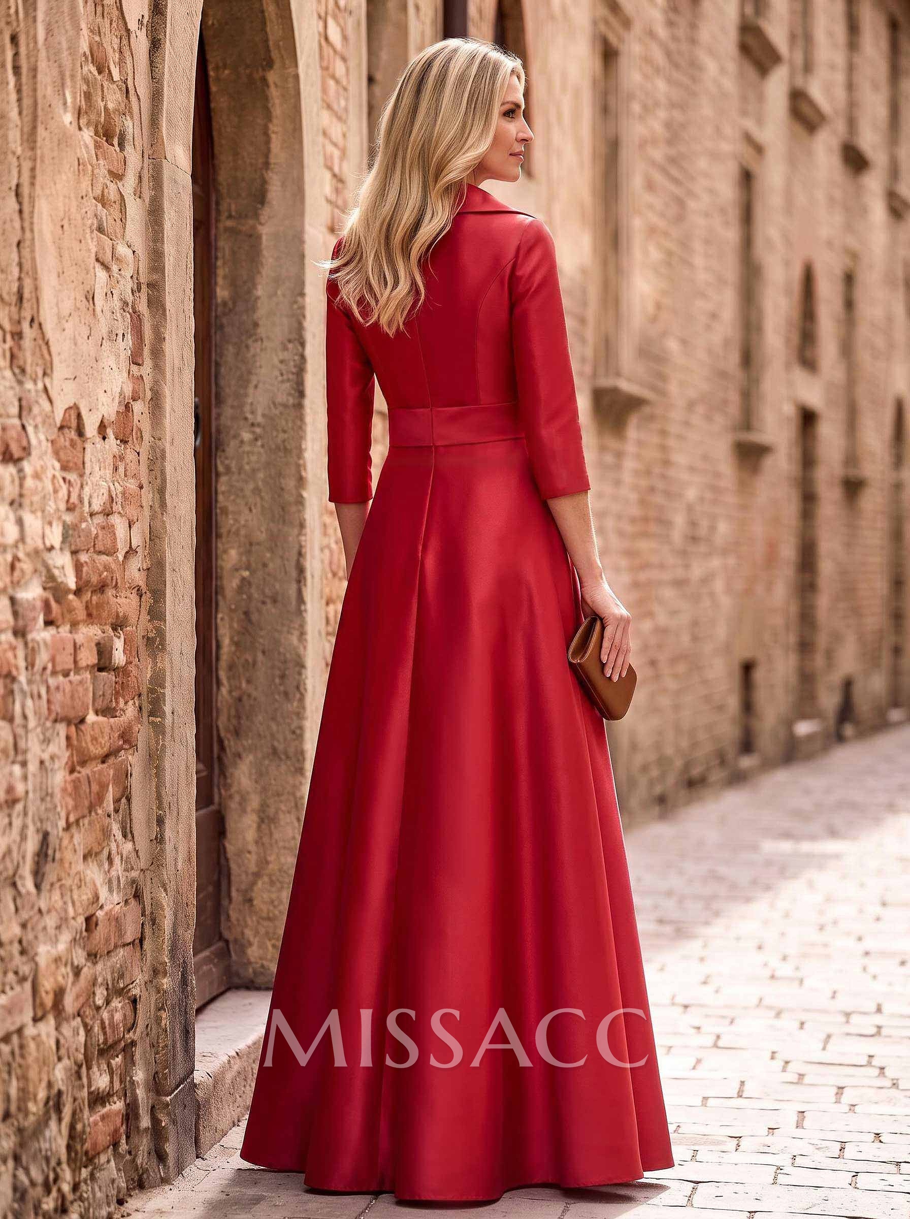 A-Line V-Neck 3/4 Sleeves Floor-Length Satin Prom Dresses With Bow(s)