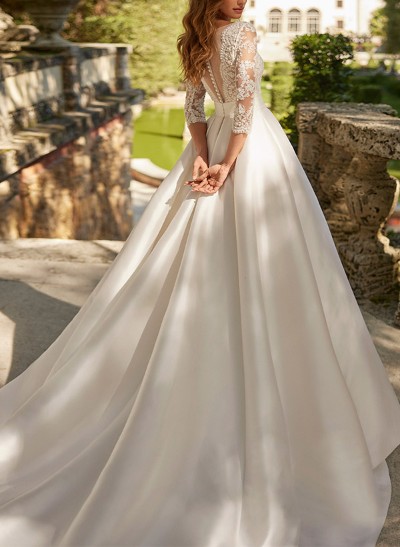 A-Line V-Neck 3/4 Sleeves Court Train Lace Wedding Dresses