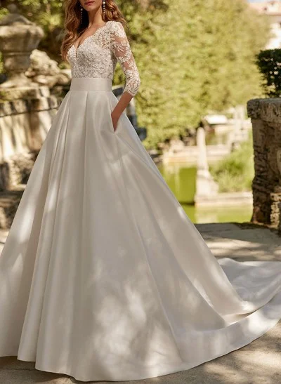 A-Line V-Neck 3/4 Sleeves Court Train Lace Wedding Dresses