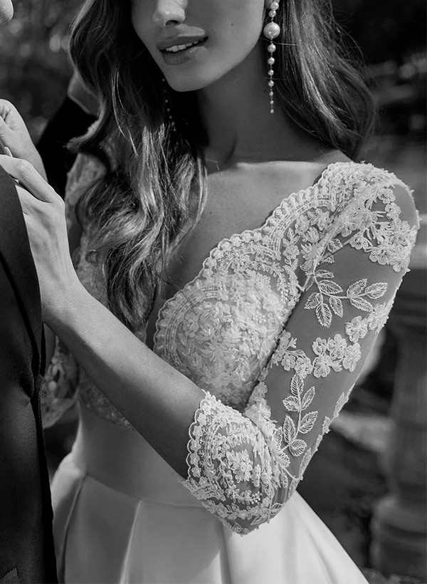 chinese dress ladies Princess 3/4 Sleeves Long A-line White Wedding Dress with Lace –  FancyVestido main image 0